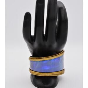 K&T Artisan Cuff Bangle Bracelet Royal Blue Foil Brass Handcrafted Signed Bin6